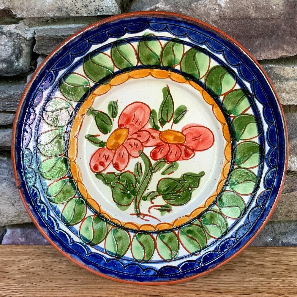 VTG Terracotta Hand Painted Pottery Floral Plate Cobalt Blue Green Handcrafted